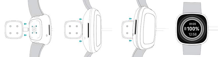 Illustration d'une montre connectée placée sur le chargeur de manière à ce que les deux s'assemblent magnétiquement